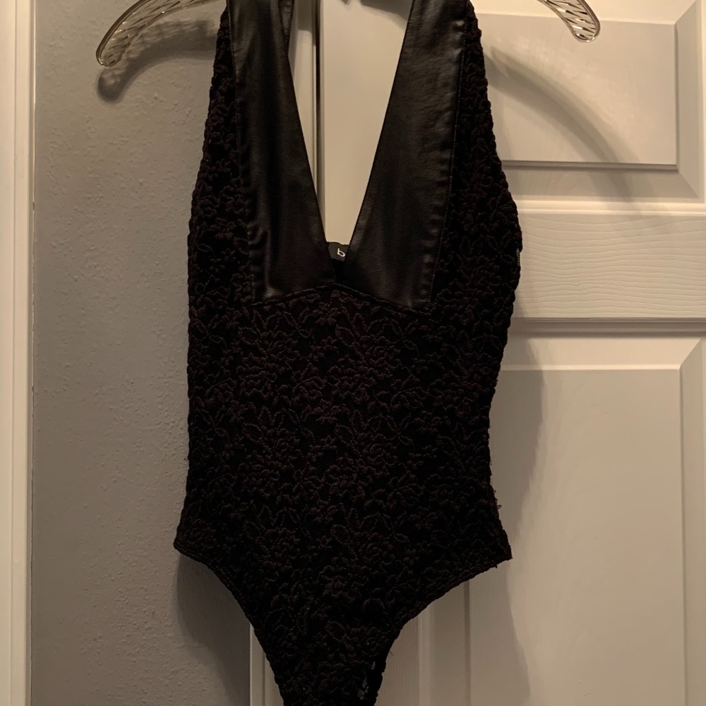 Bebe Deep V Neck Bodysuit (lace and leather)